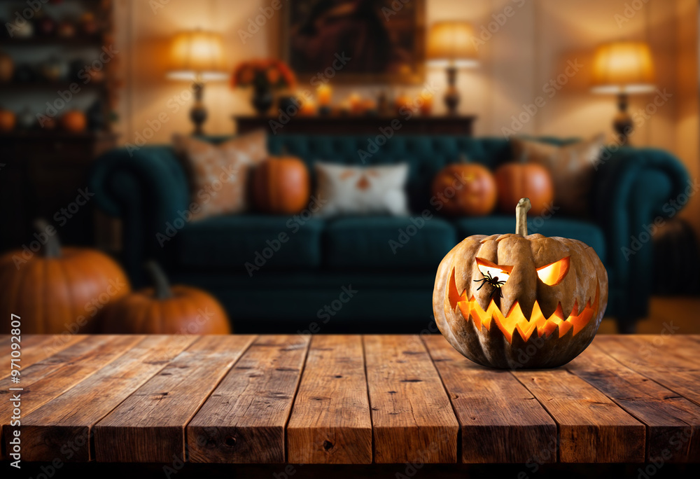 Wall mural Empty wooden table and blurred with Halloween background. Halloween night. Pumpkin face. Mockup. Copy Space.