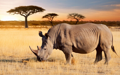 Fototapeta premium Rhinoceros on the African savannah with baobab in the background