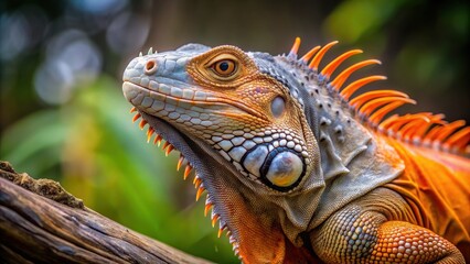 Fototapeta premium Orange and grey Iguana in a natural setting, iguana, reptile, wildlife, exotic, scales, colorful, tropical, camouflage, lizard