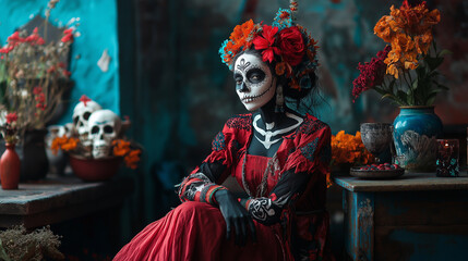 El D&iacute;a de Muertos themed photo of woman in costume with red and orange flowers and skeleton mask on carnival, Day of the Dead female photography
