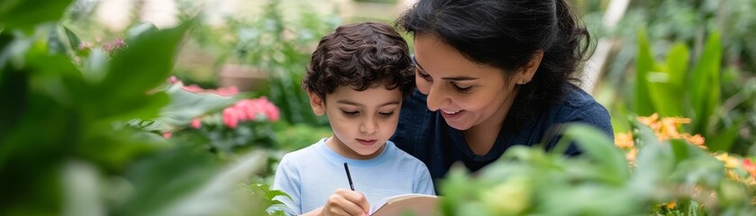 Hispanic mother-child botanical adventure. Vibrant garden exploration. Educational interaction, with mom pointing out diverse flora and child taking notes. Exotic plants and colorful blooms.