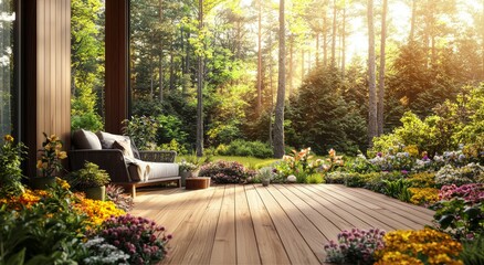 Obraz premium Modern terrace with green potted flowers plants and outdoor furniture, and decking and fence.