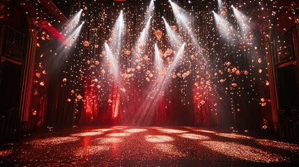 Stage adorned with red and gold glitter and sparkling lights, offering a dramatic and festive performance setting