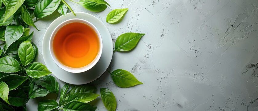 Photo of a tea cup and Tea leaves on a white background, top view with copy space concept for an advertising poster or banner design. Wide-angle lens, daylight. 