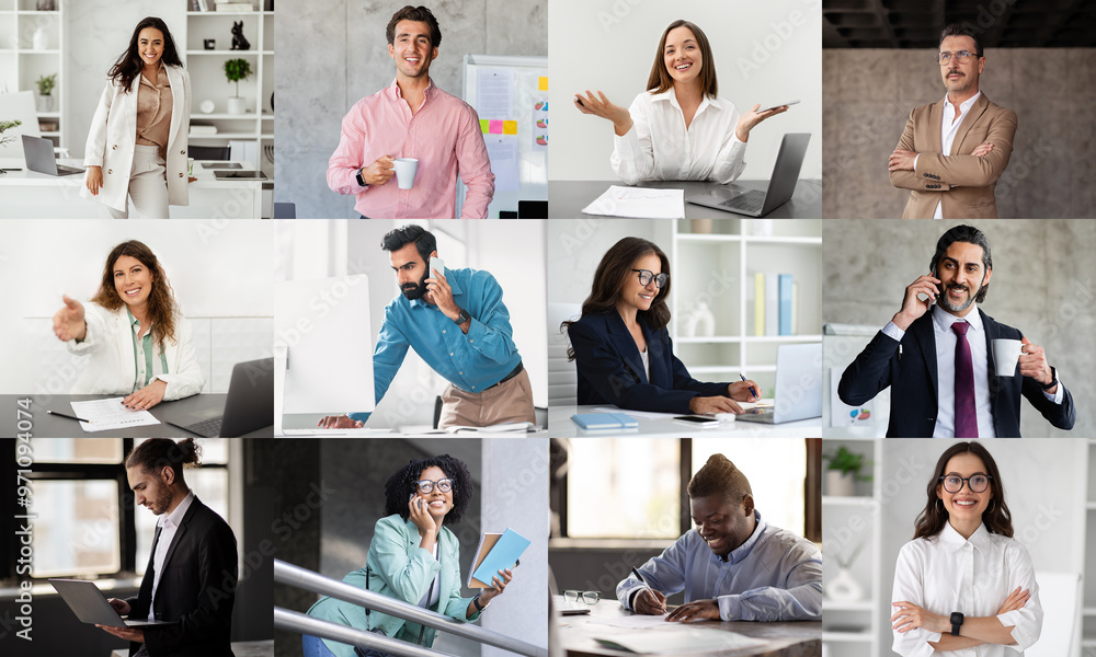 Aufkleber A group of professionals from different backgrounds is actively engaged in various tasks within a contemporary office environment. The individuals are collaborating, participating in meetings