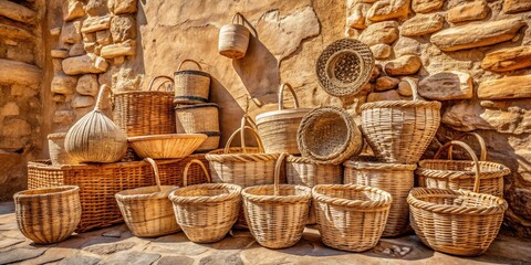 Natural beige tones of woven wicker baskets, sandy dunes, and weathered stone walls blend harmoniously in a soothing, earthy palette.