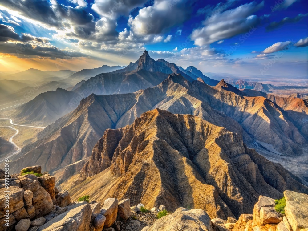 Wall mural panoramic view of jebel al jais mountain, uae's highest peak, with rugged terrain, rocky cliffs, and