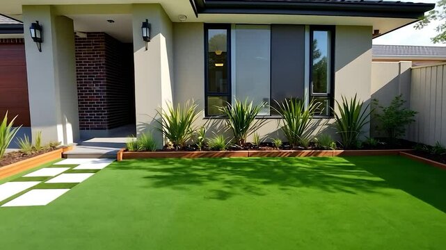 Modern Home with Artificial Grass Lawn, Stone Pathway, and Wooden Planters