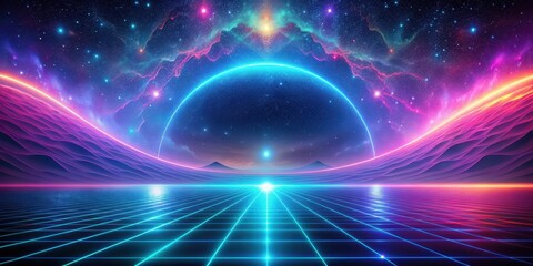 Obraz premium Futuristic landscape with neon light flow and cosmic sky, futuristic, landscape, neon lights, glow, cosmic, sky