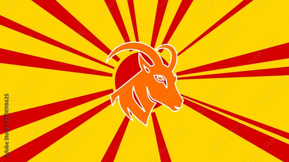 Poster goat's head symbol on the background of animation from moving rays of the sun. large orange symbol i