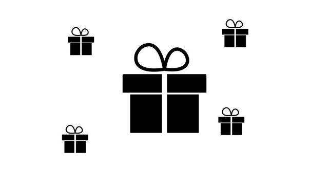 Zoom in and out animation the gift symbol. Large black symbol in the center and four small symbols around. Seamless looped 4k animation on white background