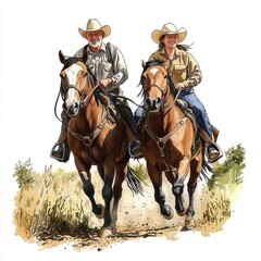 Fototapeta premium Senior couple horseback riding through a trail, outdoor activity, watercolor illustration, soft colors, isolated on white background