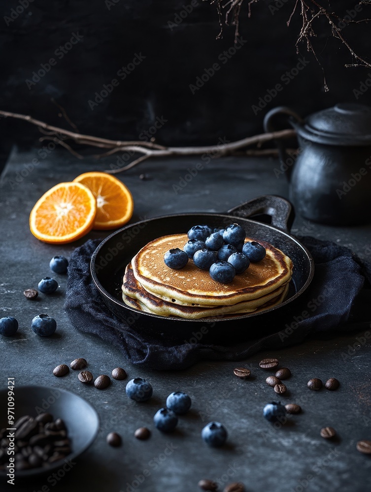 Wall mural a rustic display of pancakes topped with blueberries and oranges, evoking a cozy breakfast vibe.