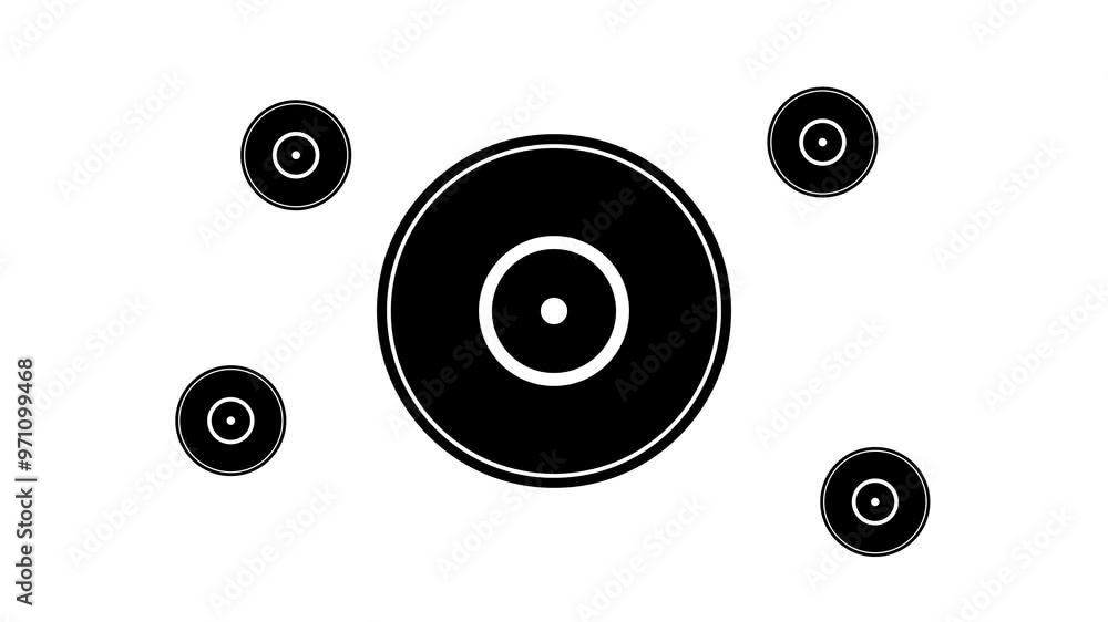 Poster zoom in and out animation the gramophone record symbol. large black symbol in the center and four sm