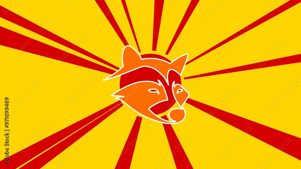 Poster raccoon head symbol on the background of animation from moving rays of the sun. large orange symbol 