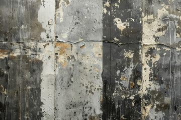 A grunge wall texture in dusty grey, featuring a heavily worn, industrial look, with cracks, stains, and chipped paint.