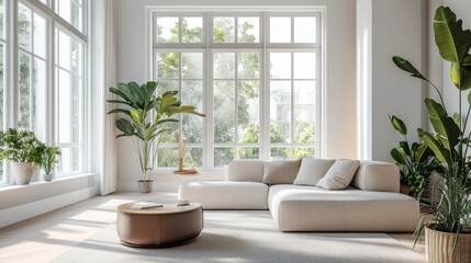 High-resolution shot of a minimalist living space with large windows, natural light, and a few carefully chosen decorative elements for a sophisticated look