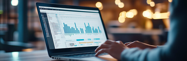 Person working on a laptop with data analytics software displaying bar charts and graphs. Hands typing in a modern office setting with bokeh lights in the background. Business analysis, technology