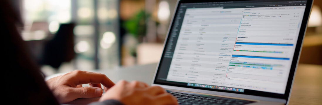 Close-up of hands using a laptop displaying project management software, showing detailed data and task timelines