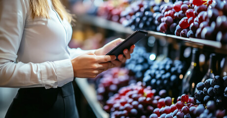 Close-up of a woman using a smartphone near a display of fresh grapes, checking inventory or product information in a market.
