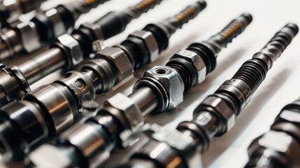 New car engine parts lying on workbench in order