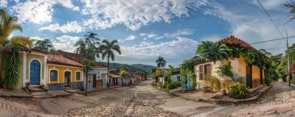 Panoramic view of a quaint cobblestone street lined with colorful colonial buildings under a beautiful cloud-filled sky.