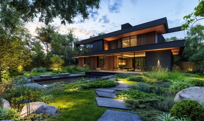 This is a 3D rendering of a modern cosy house with a parking lot and pool for sale or rent. The house has a wood plank facade with beautiful landscaping in the background. It is a clear summer