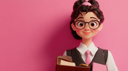 A cheerful animated character with glasses, holding books against a pink background.