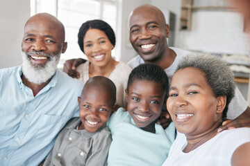 Black family, generations and smile on selfie in home for social media post and profile picture on...