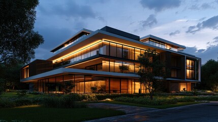 Twilight scene of a modern building designed through BIM technology, showcasing advanced 3D rendering and architectural precision