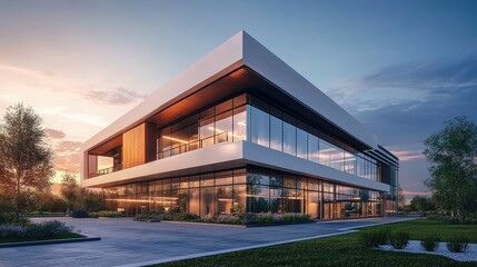 Naklejka premium Twilight scene of a modern building designed through BIM technology, showcasing advanced 3D rendering and architectural precision
