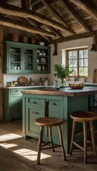 Rustic cottage kitchen with green cabinets and exposed wooden beams.