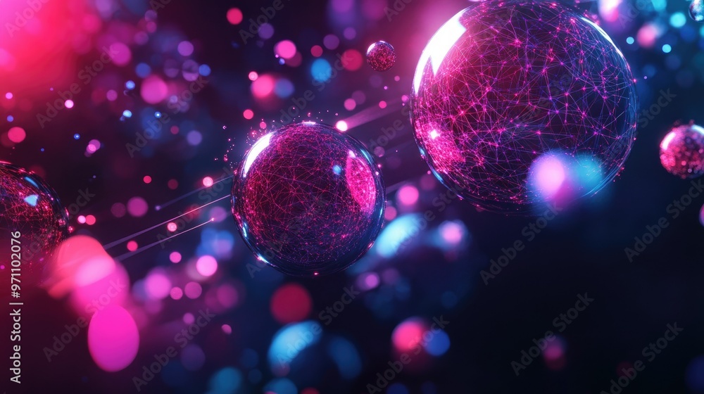 Poster vibrant, interconnected spheres floating in a digital environment, symbolizing global communication 