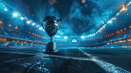A gleaming trophy sits on the pitch inside an illuminated stadium after a thrilling football match during the championship final. Generative AI