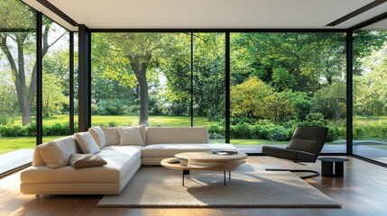 Fototapeta premium Close up of the modern living room overlooking a tranquil garden with sliding glass doors. Ai generated image