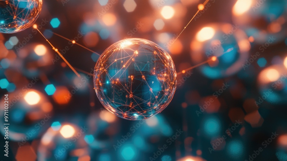Poster vibrant, interconnected spheres floating in a digital environment, symbolizing global communication 