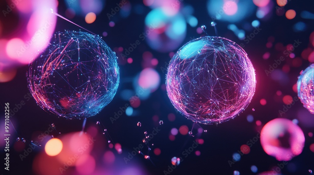 Poster vibrant, interconnected spheres floating in a digital environment, symbolizing global communication 