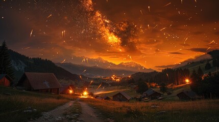 An intense night sky set aglow with fiery colors and swirling stars over a quaint rustic village nestled in a mountain valley, a mesmerizing celestial display.