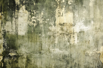 A grunge wall texture in olive green, showing heavy wear with stains, scratches, and patches of missing paint.
