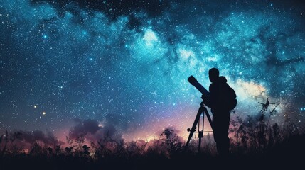 A silhouetted figure looking at the night sky through a telescope, standing in a field beneath a vibrant and star-filled sky, showcasing the beauty of astronomy.