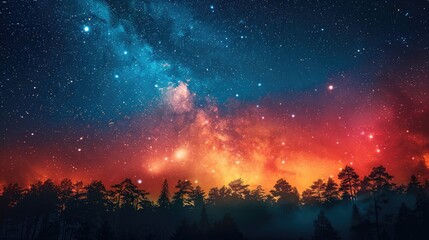 Fototapeta premium A beautiful starry night sky with a vibrant, colorful horizon and silhouetted trees in the foreground, creating a stunning contrast between nature and the cosmos.