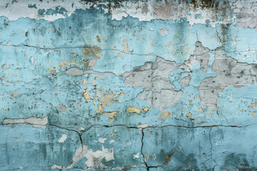 Obraz premium A grunge wall texture in pale blue, featuring heavy weathering, water stains, and chipped paint.
