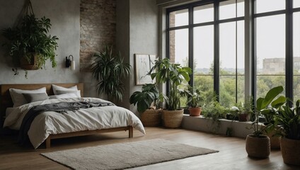 Serene bedroom with natural light, stylish decor, and plants.