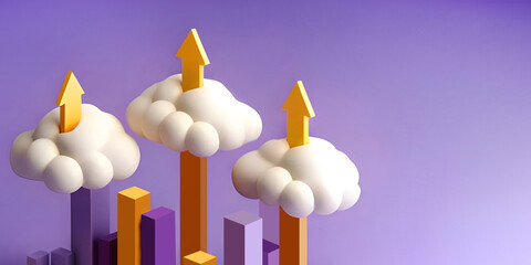 Abstract background. Arrow concept of business advancement of young leaders for future success. purple, clouds, goal, opportunity, competition, victory, 3d rendering