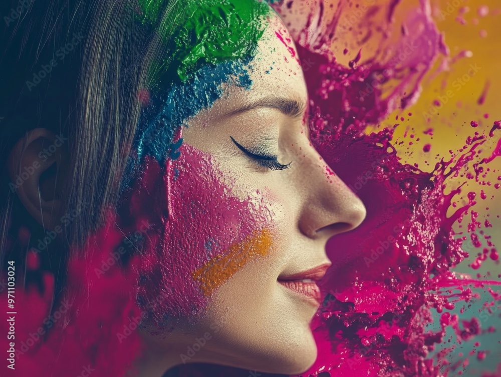 Poster An abstract piece of art featuring vibrant splashes of different colored paint with various textures and patterns, creating a dynamic and expressive visual experience that evokes creativity.