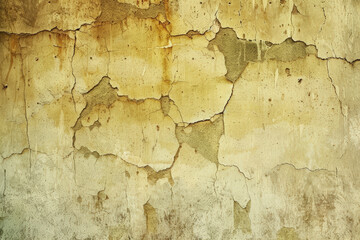 Obraz premium A grunge wall texture in pale mustard, featuring cracks and a rough, uneven surface, worn down by time.