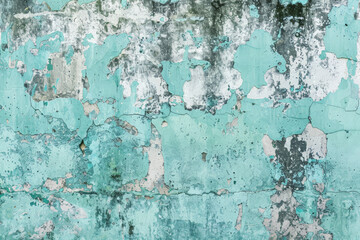 Fototapeta premium A grunge wall texture in pale turquoise, with a distressed, worn appearance, showing signs of age and decay.
