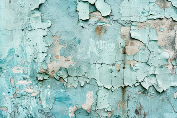 Fototapeta premium A grunge wall texture in pale turquoise, with a distressed, worn appearance, showing signs of age and decay.