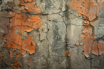 Obraz premium A grunge wall texture in rusty bronze, with visible corrosion, cracks, and layers of peeling paint.