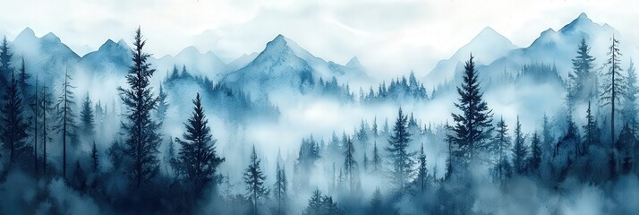 Obraz premium A serene watercolor painting of a misty forest with towering trees and distant mountains, creating a tranquil and dreamy atmosphere perfect for nature-inspired designs, wall art, or calming visual pro